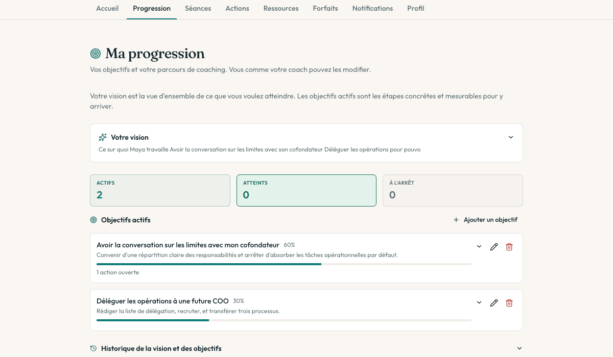 La vue de progression du portail client